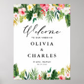 水彩熱帯花結婚の歓迎サイン ポスター (正面)