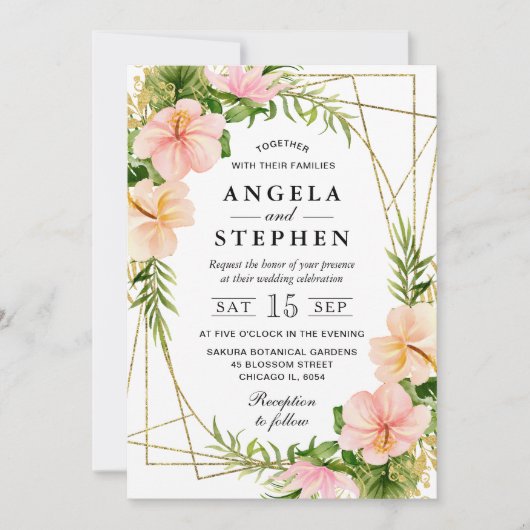 水彩熱帯花金ゴールド結婚枠 招待状 (正面)