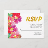 水彩熱帯花金ゴールド葉RSVP 出欠カード (正面/裏面)