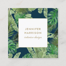 水彩熱帯葉パターン(濃い青) スクエア名刺