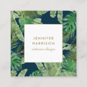 水彩熱帯葉パターン(濃い青) スクエア名刺 (正面)