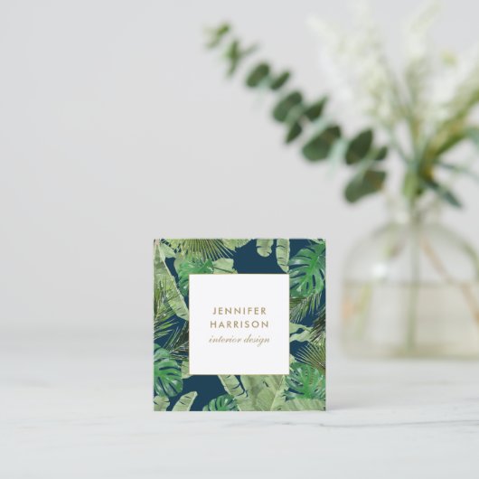 水彩熱帯葉パターン(濃い青) スクエア名刺 (スタンド正面)