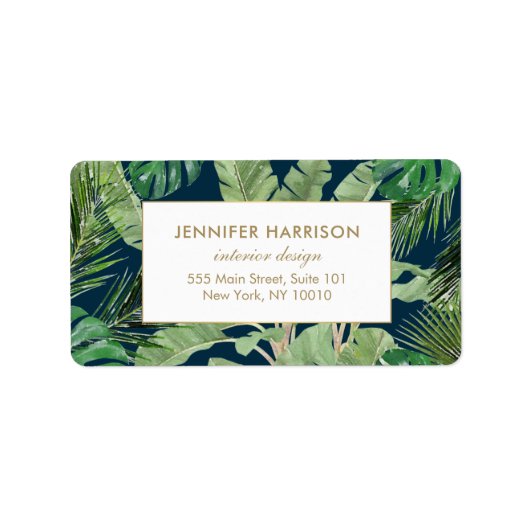 水彩熱帯葉パターン（濃い青） ラベル (正面)