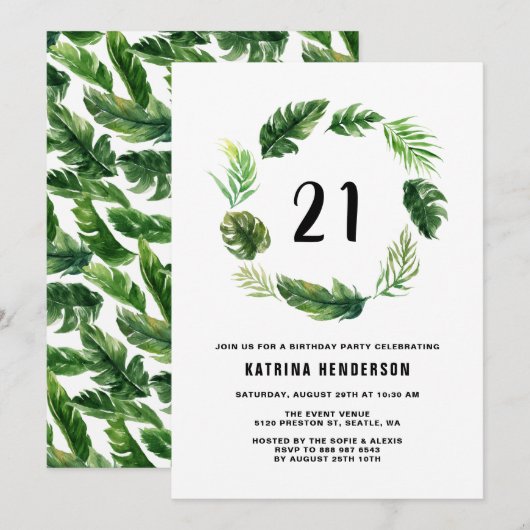 水彩熱帯葉リース夏誕生日 招待状 (正面/裏面)