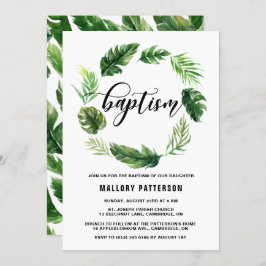 水彩熱帯葉リース洗礼 招待状