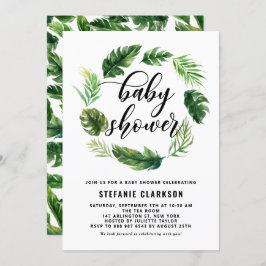 水彩熱帯葉リース赤ちゃんシャワー 招待状