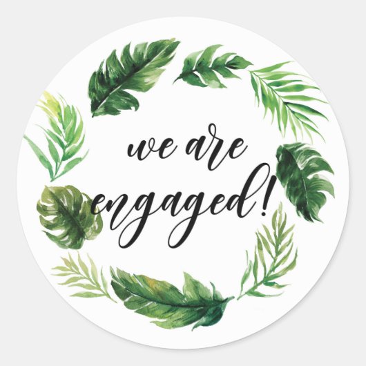 水彩熱帯葉リースWe 婚約した Are ラウンドシール (正面)