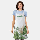 水彩熱帯葉産モノグラム エプロン (着用した状態)