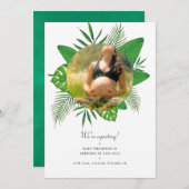 水彩熱帯葉産写真妊娠 案内状 (正面/裏面)