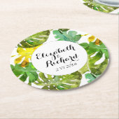 水彩熱帯葉産結婚物モノグラム ラウンドペーパーコースター (アングル)