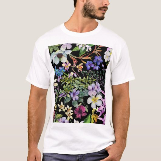 水彩熱帯葉：シームレスパターン Tシャツ (正面)