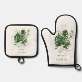 水彩熱帯離れ産緑パーソナライズされた 鍋つかみ&鍋敷きセット (正面)