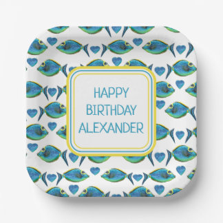水彩熱帯青魚とハート ペーパープレート