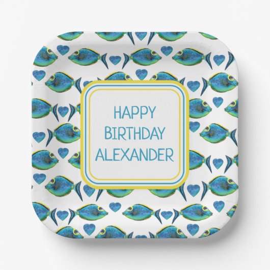 水彩熱帯青魚とハート ペーパープレート (正面)