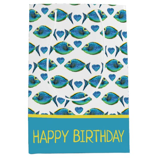 水彩熱帯青魚とハート ミディアムペーパーバッグ (正面)