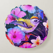 水彩熱帯鳥フローラプリント円枕 ラウンドクッション (正面)