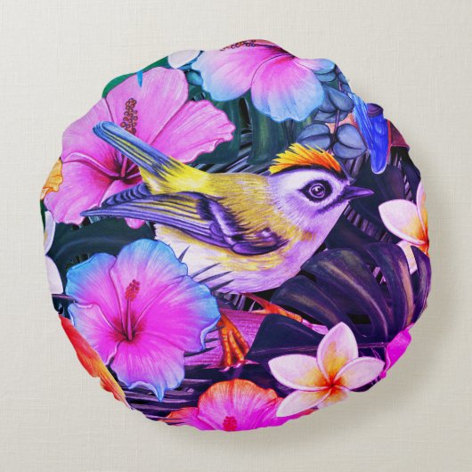 水彩熱帯鳥フローラプリント円枕 ラウンドクッション (裏面)