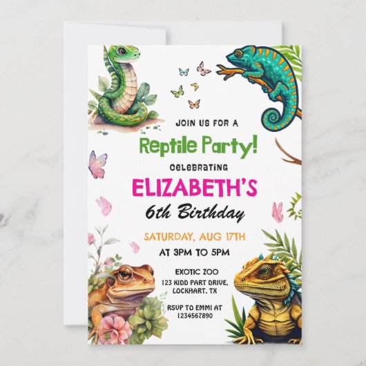 水彩爬虫類両生類パーティー誕生日 招待状 (正面)