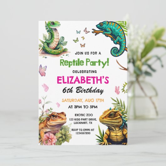 水彩爬虫類両生類パーティー誕生日 招待状 (スタンド正面)