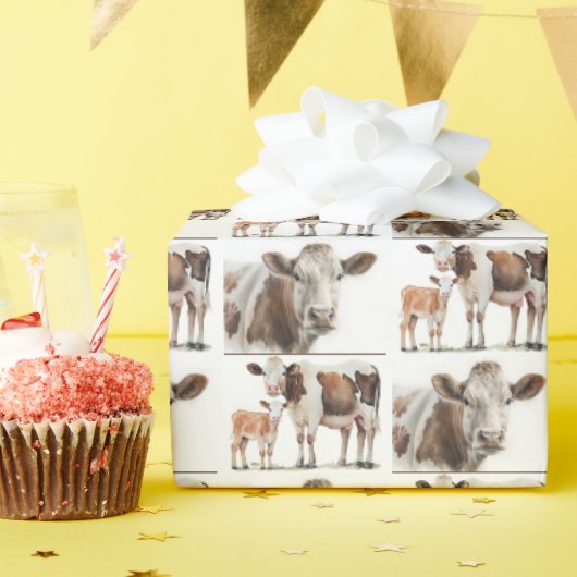 水彩牛と子牛 ラッピングペーパー (誕生日パーティー)