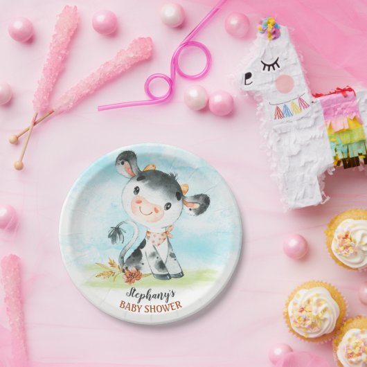 水彩牛の赤ちゃんシャワーファーム ペーパープレート (パーティー)
