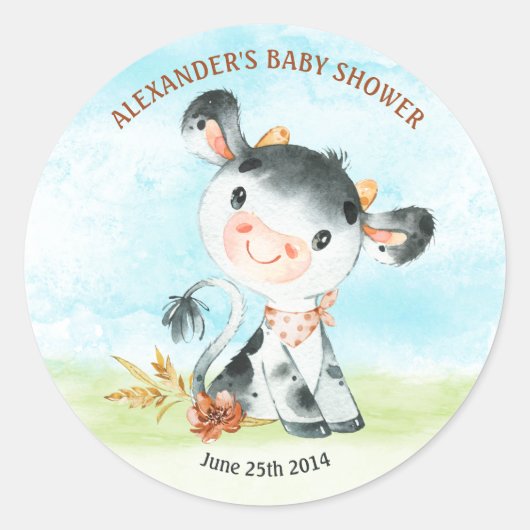 水彩牛の赤ちゃんシャワーファーム ラウンドシール (正面)