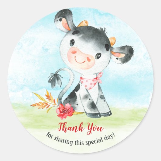 水彩牛の赤ちゃんシャワー農場ありがとう ラウンドシール (正面)