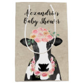 水彩牛ファームフローラクラウン女の子ベビーシャワー ミディアムペーパーバッグ (正面)