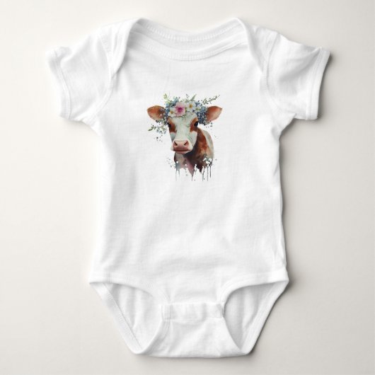 水彩牛赤と白の花 ベビーボディスーツ (正面)