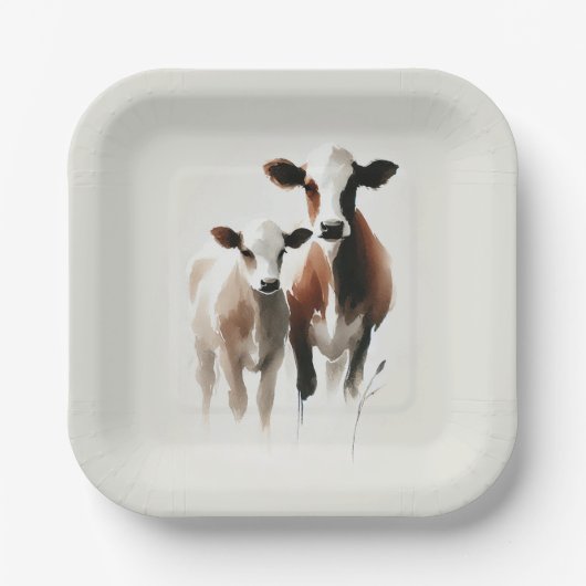 水彩牛 ミニマル ラスティック ウェディング ペーパープレート (正面)