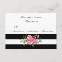 水彩牡丹とウェディングストライプRSVPカード
