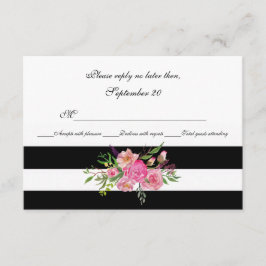 水彩牡丹とウェディングストライプRSVPカード 出欠カード