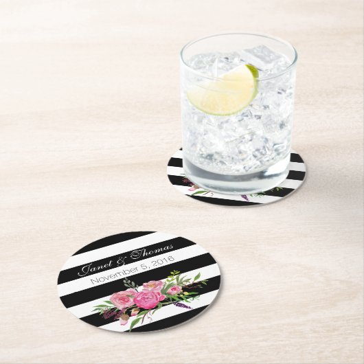 水彩牡丹とストライプの結婚コースター ラウンドペーパーコースター (インサイチュ)