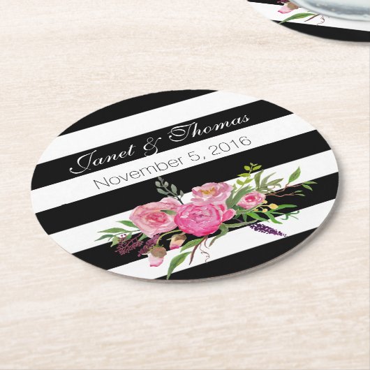 水彩牡丹とストライプの結婚コースター ラウンドペーパーコースター (アングル)