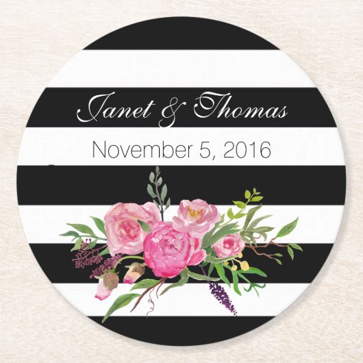 水彩牡丹とストライプの結婚コースター ラウンドペーパーコースター (正面)