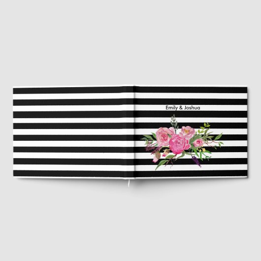 水彩牡丹とストライプズ結婚ゲストブック ゲストブック (全面)