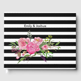 水彩牡丹とストライプズ結婚ゲストブック ゲストブック