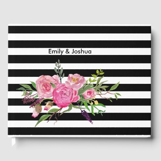 水彩牡丹とストライプズ結婚ゲストブック ゲストブック (正面)