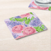 水彩牡丹とライラック スクエアペーパーコースター (アングル)