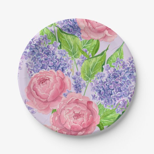 水彩牡丹とライラック ペーパープレート (正面)