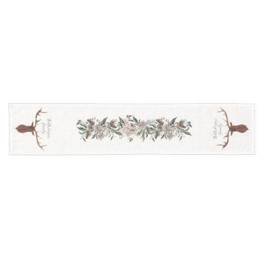 水彩牡丹と冬の葉のテーブルランナー ショートテーブルランナー (横)