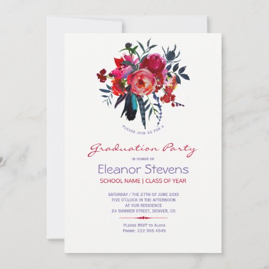 水彩牡丹の卒業式パーティーへの招待 招待状 (正面)