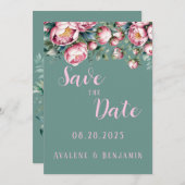 水彩牡丹の花束日付カードを保存 招待状 (正面/裏面)