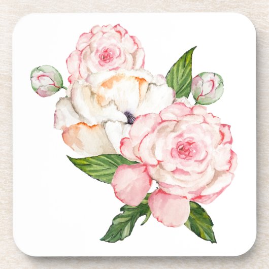 水彩牡丹を柔らかい色の陶器 コースター (正面)