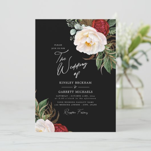 水彩牡丹カスタマイズ可能な黒結婚の木 招待状 (スタンド正面)