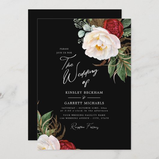 水彩牡丹カスタマイズ可能な黒結婚の木 招待状 (正面/裏面)
