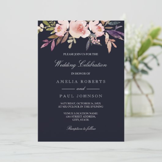 水彩牡丹ネイビーピンク結婚式招待状 招待状 (スタンド正面)
