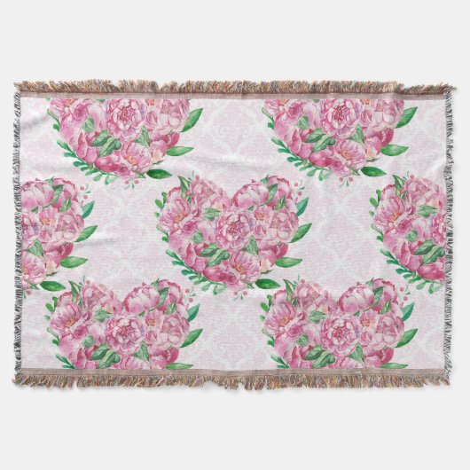 水彩牡丹ハート スローブランケット (正面)