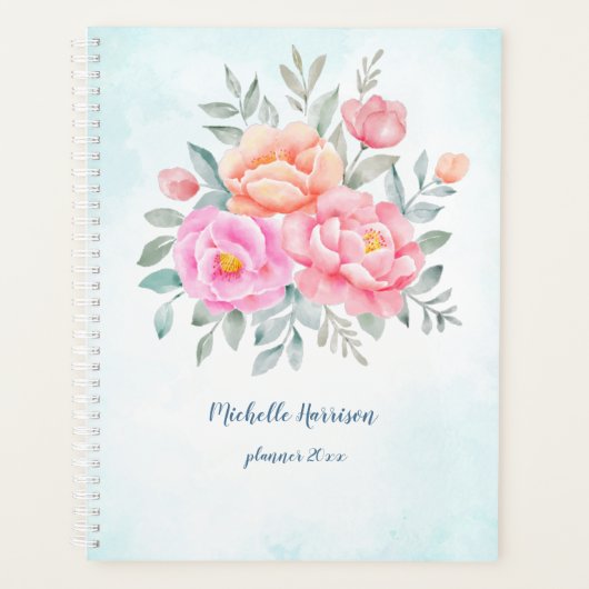 水彩牡丹バラピンクターコイズフローラ プランナー手帳 (正面)