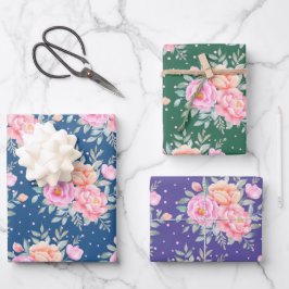 水彩牡丹バラピンクピーチフローラブーケ ラッピングペーパーシート